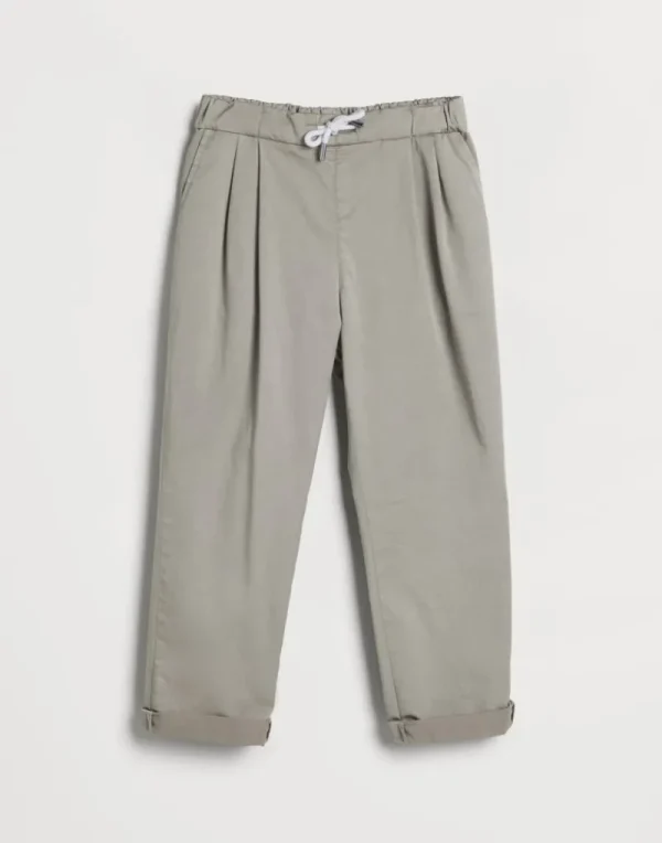 Pantaloni-Brunello Cucinelli Pantalone in gabardina di cotone American Pima comfort tinto capo con coulisse e doppia pince Khaki (C6018)