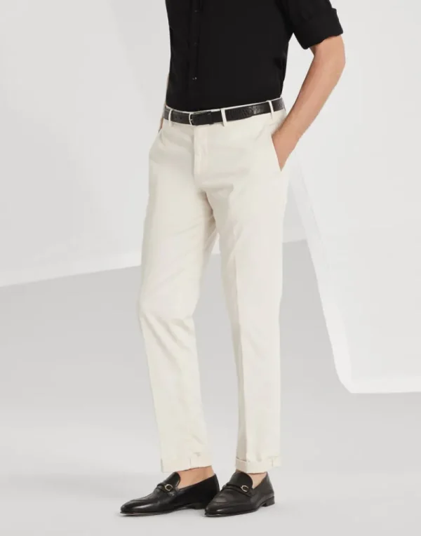 Pantaloni-Brunello Cucinelli Pantalone italian fit in gabardina di cotone American Pima comfort tinto capo Off-White (C5797)