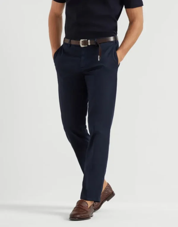 Pantaloni-Brunello Cucinelli Pantalone italian fit in gabardina di cotone American Pima comfort tinto capo Blu Navy (C2517)