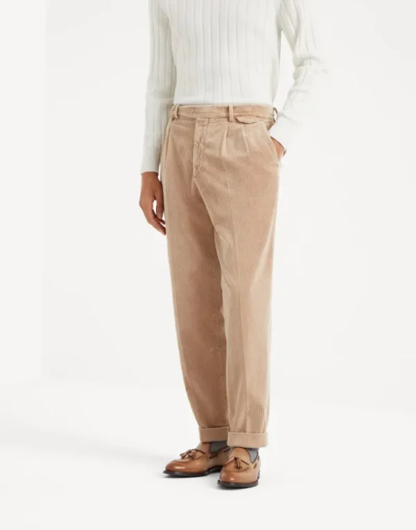 Pantaloni-Brunello Cucinelli Pantalone leisure fit con doppia pince e tirapancia in velluto a coste di cotone tinto capo Beige (C6330)