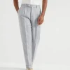 Pantaloni-Brunello Cucinelli Pantalone leisure fit in diagonale di lino, seta, lana e cotone con riga operata con pince Grigio Chiaro (C008)