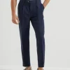 Pantaloni-Brunello Cucinelli Pantalone leisure fit in lino ritorto con pince Blu Navy (C813)