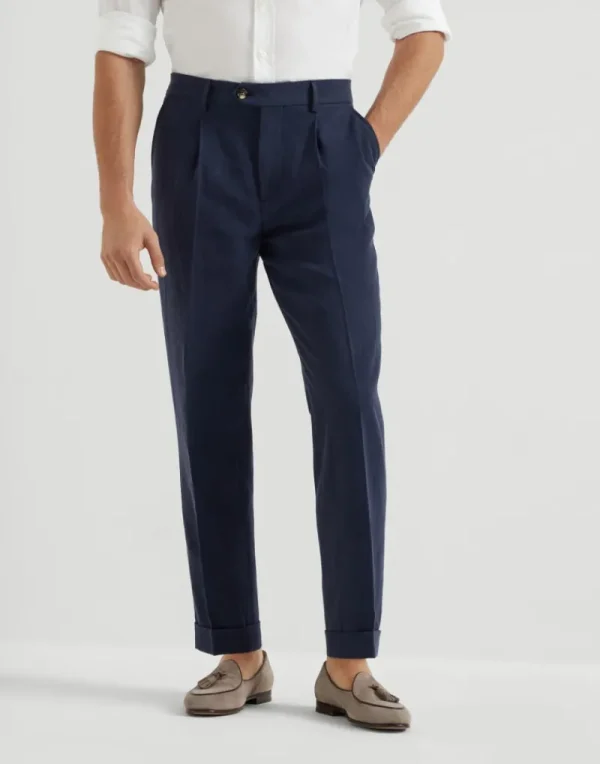 Pantaloni-Brunello Cucinelli Pantalone leisure fit in lino ritorto con pince Blu Navy (C813)