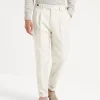 Pantaloni-Brunello Cucinelli Pantalone leisure fit in gabardina di cotone e lana vergine con doppia pince e tirapancia Off-White (C7200)