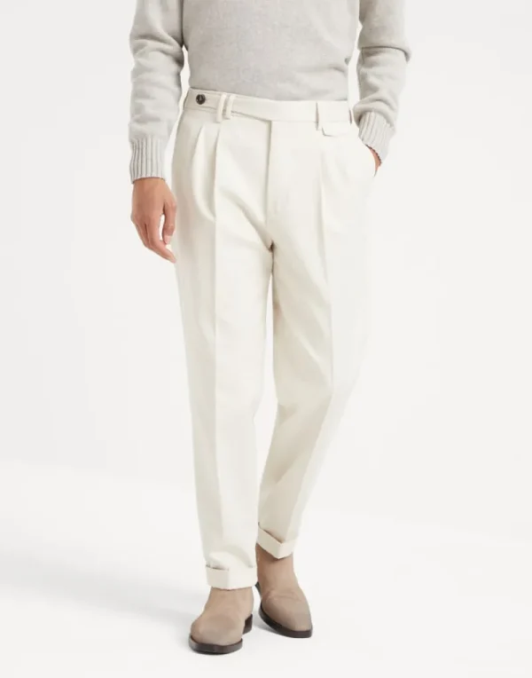 Pantaloni-Brunello Cucinelli Pantalone leisure fit in gabardina di cotone e lana vergine con doppia pince e tirapancia Off-White (C7200)