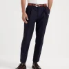 Pantaloni-Brunello Cucinelli Pantalone leisure fit in tela overcheck di lana vergine 120s con pince Blu Navy (C003)