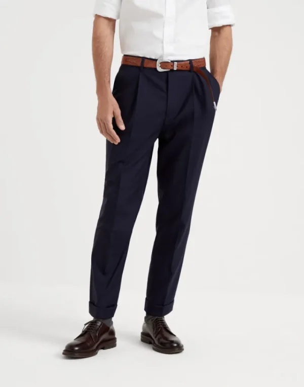 Pantaloni-Brunello Cucinelli Pantalone leisure fit in tela overcheck di lana vergine 120s con pince Blu Navy (C003)