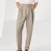 Pantaloni-Brunello Cucinelli Pantalone leisure fit in diagonale di lino, lana e seta con doppia pince e fibbiette sul fianco Corteccia (C2166)