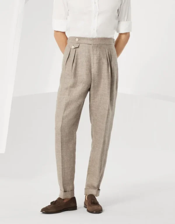 Pantaloni-Brunello Cucinelli Pantalone leisure fit in diagonale di lino, lana e seta con doppia pince e fibbiette sul fianco Corteccia (C2166)