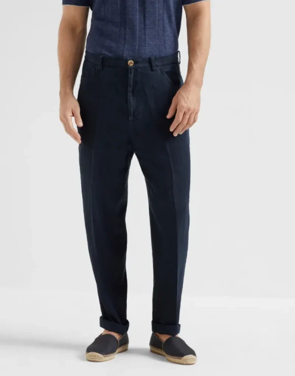 Pantaloni-Brunello Cucinelli Pantalone leisure fit in tela di lino comfort Blu Navy (C2517)