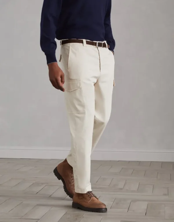 Pantaloni-Brunello Cucinelli Pantalone leisure fit in gabardina di cotone American Pima comfort tinto capo con tasche cargo Beige (C6233)