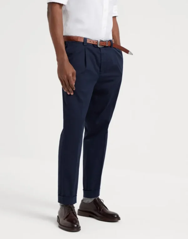 Pantaloni-Brunello Cucinelli Pantalone leisure fit in gabardina di cotone American Pima comfort tinto capo con pince Blu Navy (C2517)