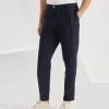 Pantaloni-Brunello Cucinelli Pantalone leisure fit in tela gessato largo di lino con pince Blu Navy (C003)