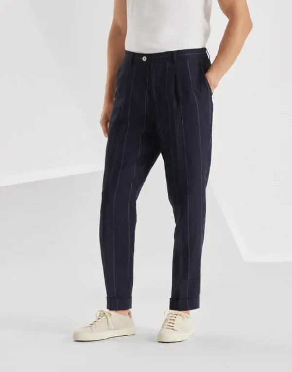 Pantaloni-Brunello Cucinelli Pantalone leisure fit in tela gessato largo di lino con pince Blu Navy (C003)