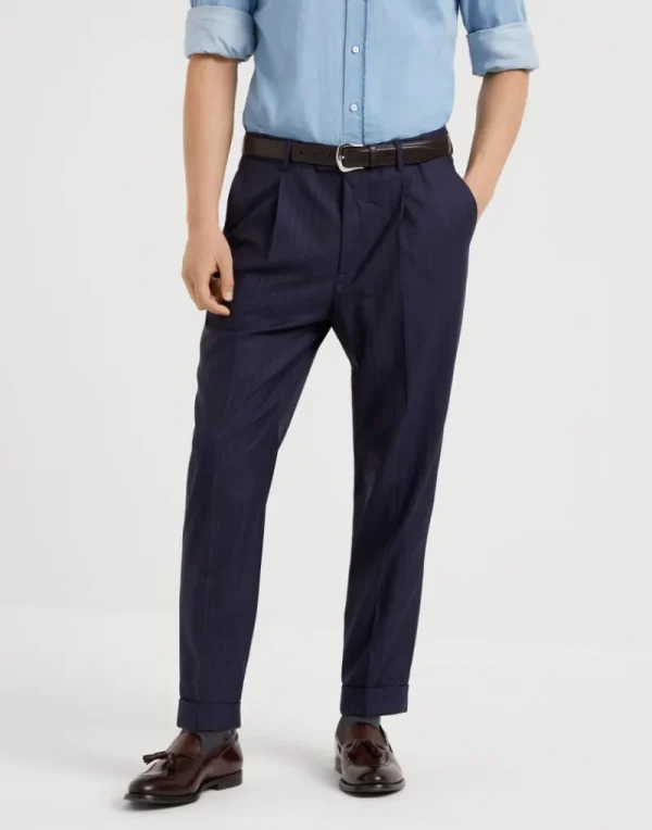 Pantaloni-Brunello Cucinelli Pantalone leisure fit in batavia gessato di lana vergine con pince Blu Navy (C003)