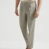 Pantaloni-Brunello Cucinelli Pantalone leisure fit in twill di seta e lino délavé con pince Khaki (C1012)