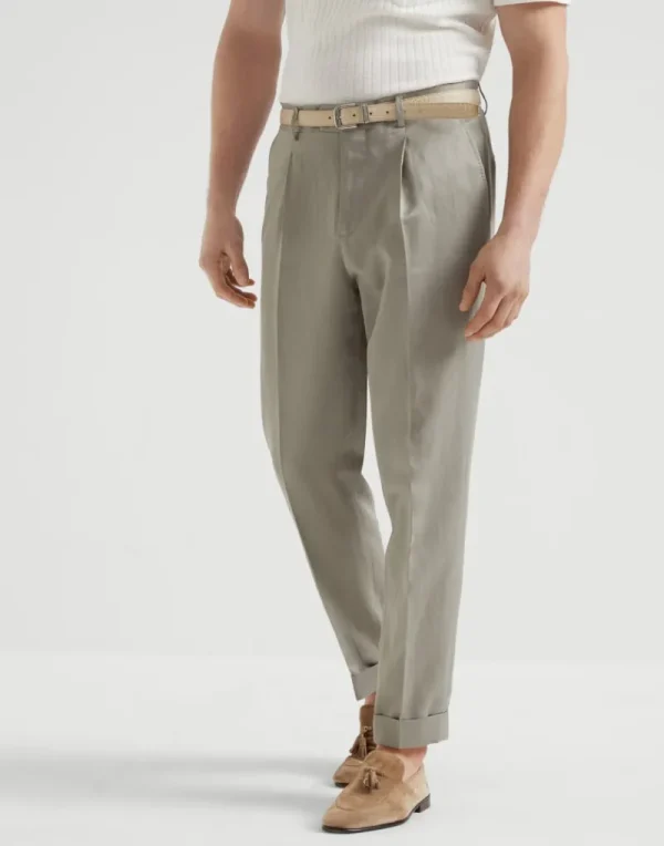 Pantaloni-Brunello Cucinelli Pantalone leisure fit in twill di seta e lino délavé con pince Khaki (C1012)