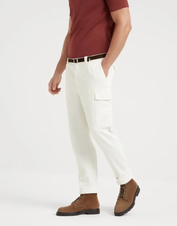 Pantaloni-Brunello Cucinelli Pantalone leisure fit in velluto a coste di cotone tinto capo con tasche cargo Off-White (C5797)