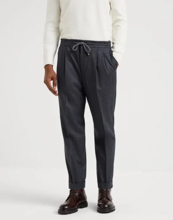 Pantaloni-Brunello Cucinelli Pantalone leisure fit in flanella di lana vergine con coulisse e doppia pince Grigio Scuro (C004)