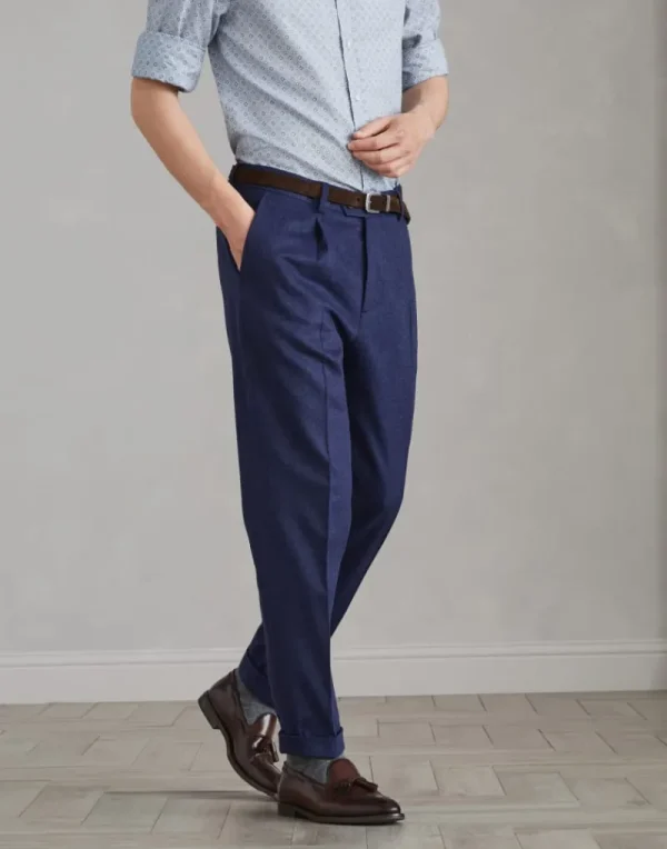 Pantaloni-Brunello Cucinelli Pantalone leisure fit in flanella pettinata di lana e cashmere con pince Marine (C004)