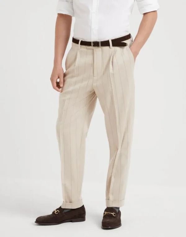 Pantaloni-Brunello Cucinelli Pantalone leisure fit in flanella pettinata gessato largo di lana e cashmere con pince Beige (C011)