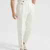 Pantaloni-Brunello Cucinelli Pantalone leisure fit in twill di seta e lino délavé con doppia pince e fibbiette sul fianco Off-White (C1010)