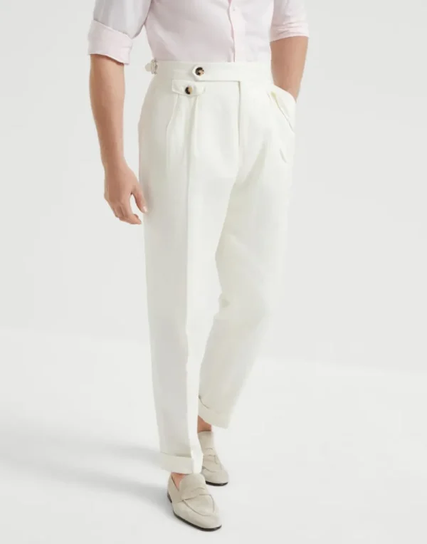 Pantaloni-Brunello Cucinelli Pantalone leisure fit in twill di seta e lino délavé con doppia pince e fibbiette sul fianco Off-White (C1010)