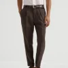 Pantaloni-Brunello Cucinelli Pantalone leisure fit in lino ritorto con pince Marrone (C735)