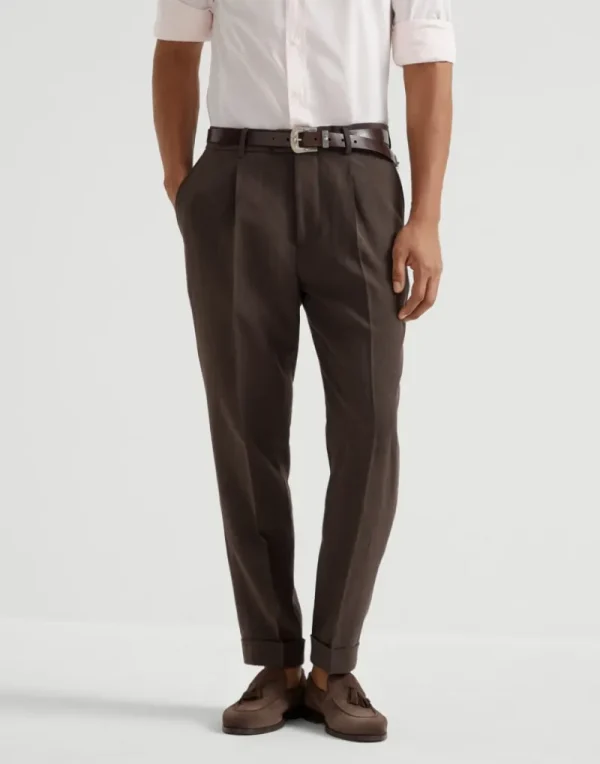 Pantaloni-Brunello Cucinelli Pantalone leisure fit in lino ritorto con pince Marrone (C735)