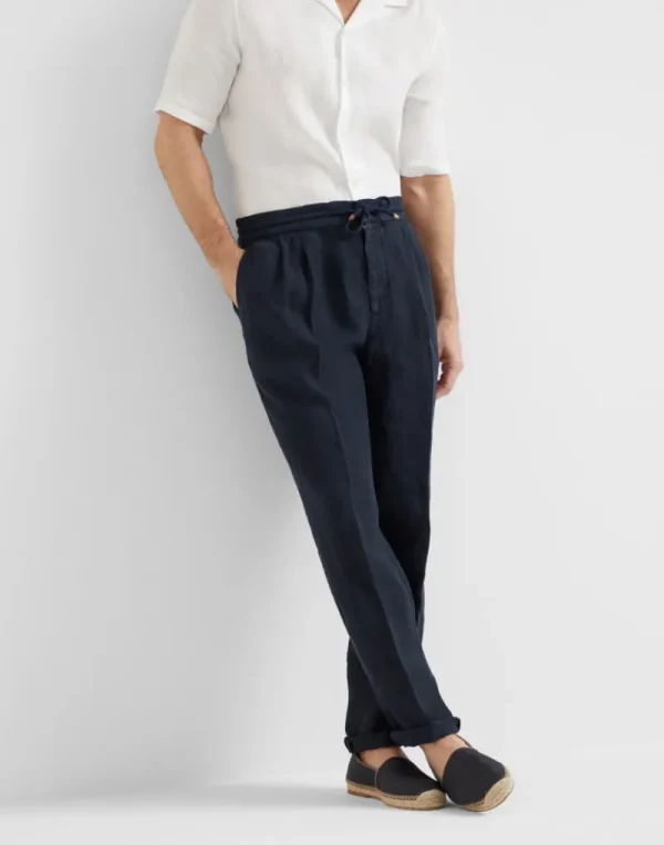 Pantaloni-Brunello Cucinelli Pantalone leisure fit in gabardina di lino tinto capo con coulisse e doppia pince Blu Navy (C2517)