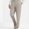 Pantaloni-Brunello Cucinelli Pantalone leisure fit in flanella pettinata gessato largo di lana e cashmere con pince Grigio Pietra (C014)