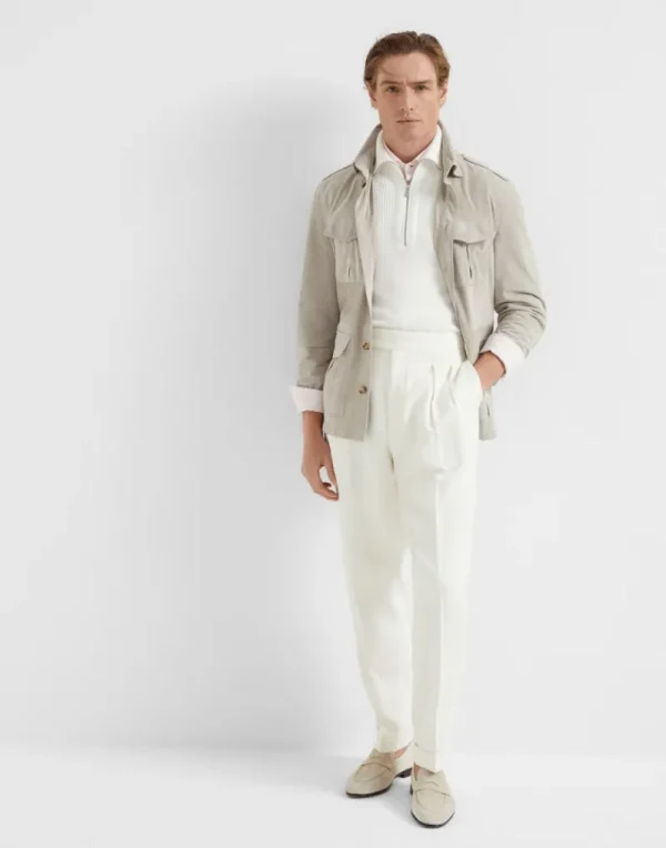 Pantaloni-Brunello Cucinelli Pantalone leisure fit in twill di seta e lino délavé con doppia pince e fibbiette sul fianco Off-White (C1010)