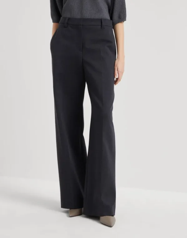 Pantaloni-Brunello Cucinelli Pantalone Loose Flared in interlock Couture di cotone stretch Antracite (C615)