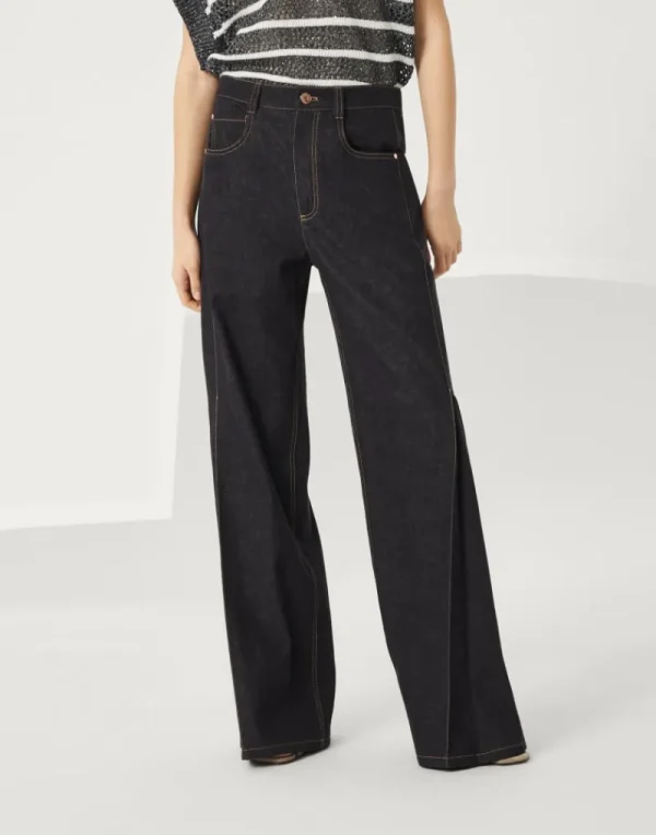 Denim-Brunello Cucinelli Pantalone Loose Flared in denim no fade con monile Denim Scuro (C001)