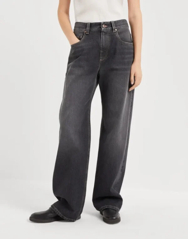 Denim-Brunello Cucinelli Pantalone Loose in denim Authentic con Shiny Tab Antracite (C8999)