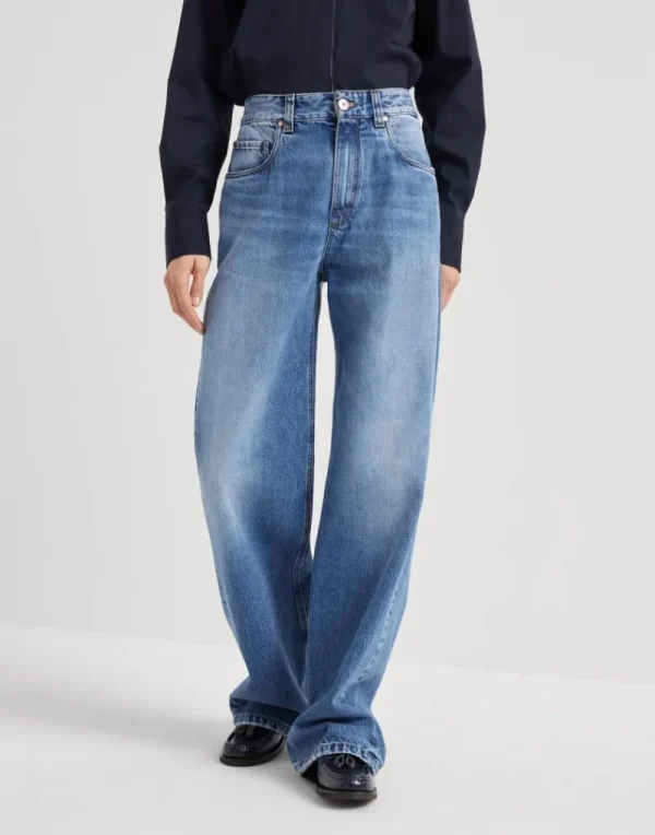 Denim-Brunello Cucinelli Pantalone Loose in denim Authentic con Shiny Tab Denim Medio (C8990)