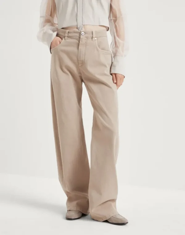 Pantaloni-Brunello Cucinelli Pantalone Loose in denim comfort tinto capo con Shiny Tab Tortora (C8690)