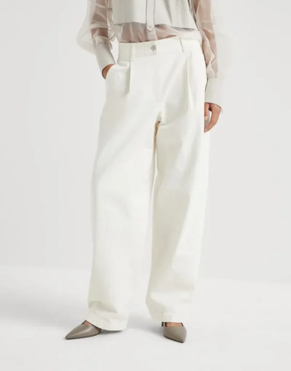 Pantaloni-Brunello Cucinelli Pantalone Loose Sartorial in denim Soft tinto con Shiny Tab Gesso (C8739)