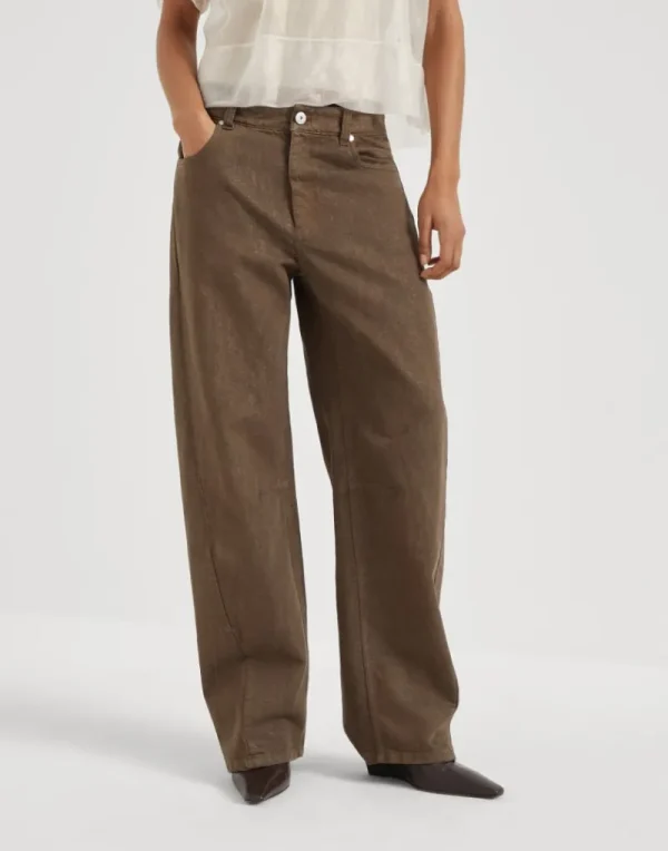 Pantaloni-Brunello Cucinelli Pantalone Loose Straight in denim Sparkling tinto Marrone (C8909)