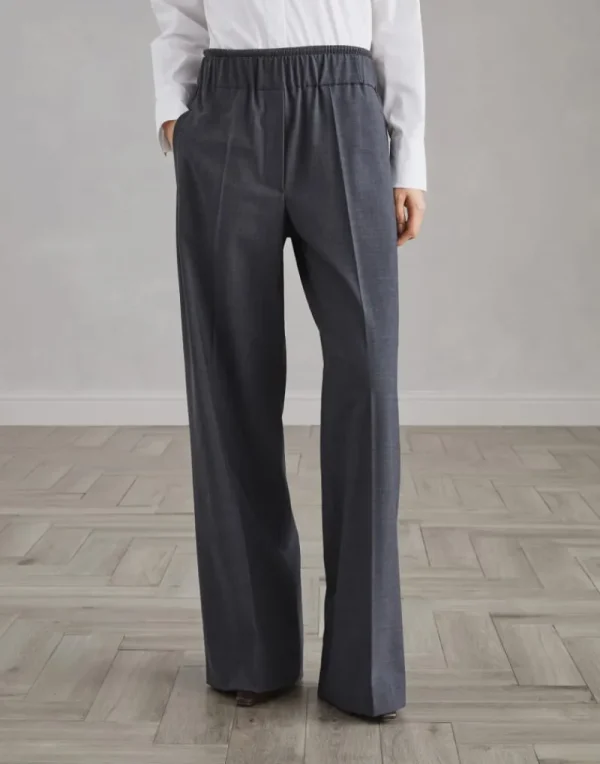 Pantaloni-Brunello Cucinelli Pantalone Loose Track in lana Tropical Luxury con Shiny Ribbed Detail Lignite (C4078)