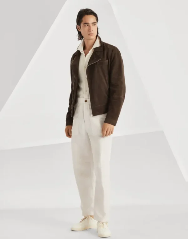 Pantaloni-Brunello Cucinelli Pantalone relaxed fit in drill di cotone e lino con tasche a toppa e coulisse Off-White (C2441)