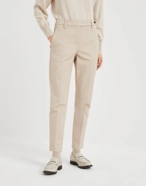 Pantaloni-Brunello Cucinelli Pantalone sigaretta in cover di cotone stretch con monile Beige (C9643)