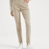 Pantaloni-Brunello Cucinelli Pantalone slim in denim tinto stretch con Shiny Leather Tab Beige Freddo (C9504)