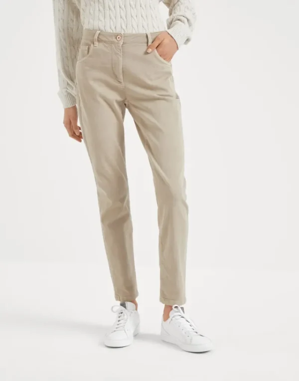 Pantaloni-Brunello Cucinelli Pantalone slim in denim tinto stretch con Shiny Leather Tab Beige Freddo (C9504)