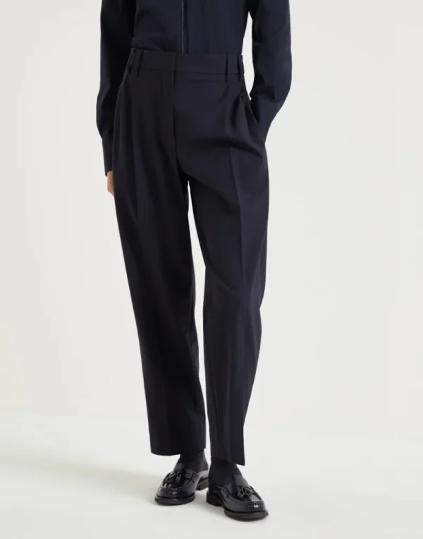 Pantaloni-Brunello Cucinelli Pantalone Slouchy in lana Tropical Luxury con monile Blu (C060)