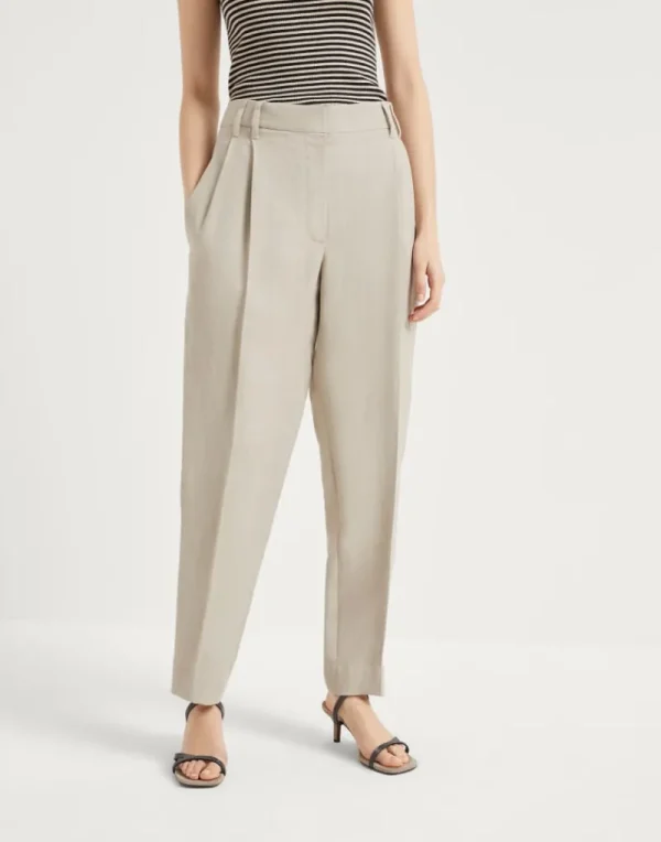 Pantaloni-Brunello Cucinelli Pantalone Slouchy in twill Fluid di viscosa e lino con monile Deserto (C3095)