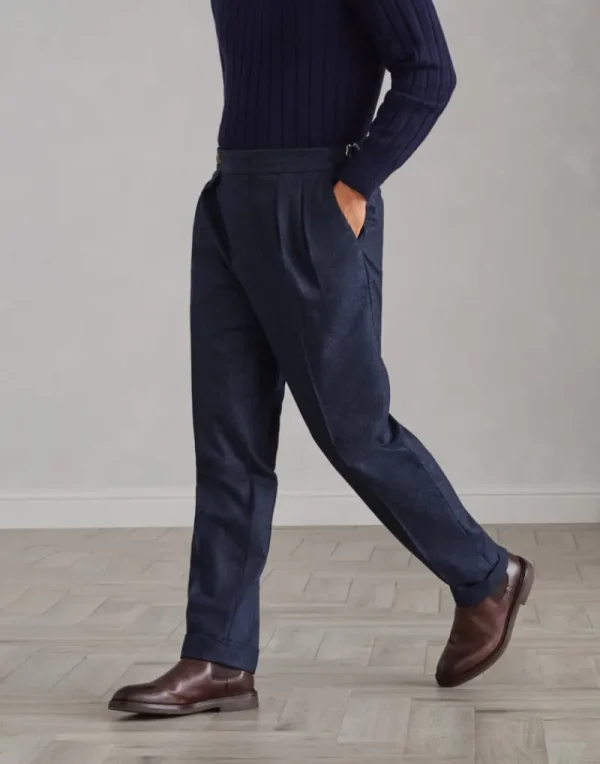 Pantaloni-Brunello Cucinelli Pantalone tailor fit in flanella di lana vergine con doppia pince e fibbiette sul fianco Blu (C532)