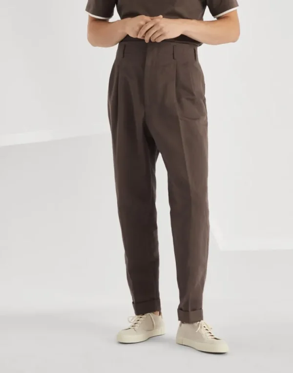 Pantaloni-Brunello Cucinelli Pantalone tailor fit in gabardina di cotone e lino con doppia pince Caffé (C2440)