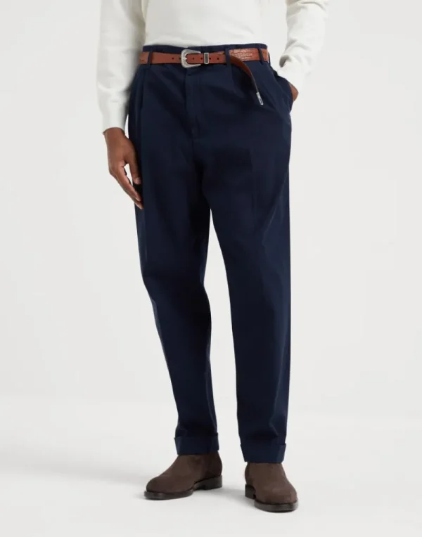 Pantaloni-Brunello Cucinelli Pantalone tailor fit in gabardina di cotone ritorto tinto capo con doppia pince Blu Navy (C2517)