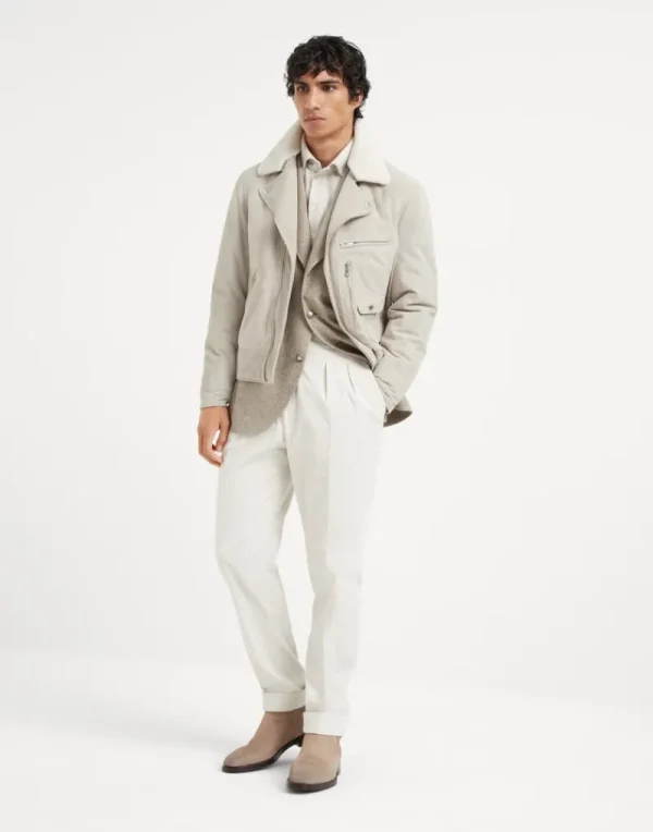 Pantaloni-Brunello Cucinelli Pantalone tailor fit in velluto a coste di cotone e cashmere comfort con doppia pince rovesciata e fibbiette sul fianco Gesso (C871)